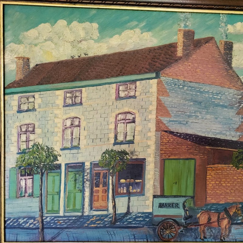 Bakkerij zus Delauney (1939) (aan huidig skatepark) $Steenokkerzeel $schilderij $olieverf  - Heemkring Ter Ham Steenokkerzeel 